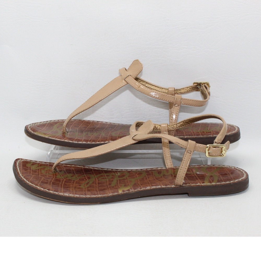 Sam Edelman Gigi Nude Patent T-Strap Thong Sandals Womens 9.5 M Flat‎ Buckle